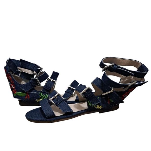 Vintage Havana Nina Black Denim Floral Embroidered Gladiator Sandal Size 8 Blue - Picture 8 of 15